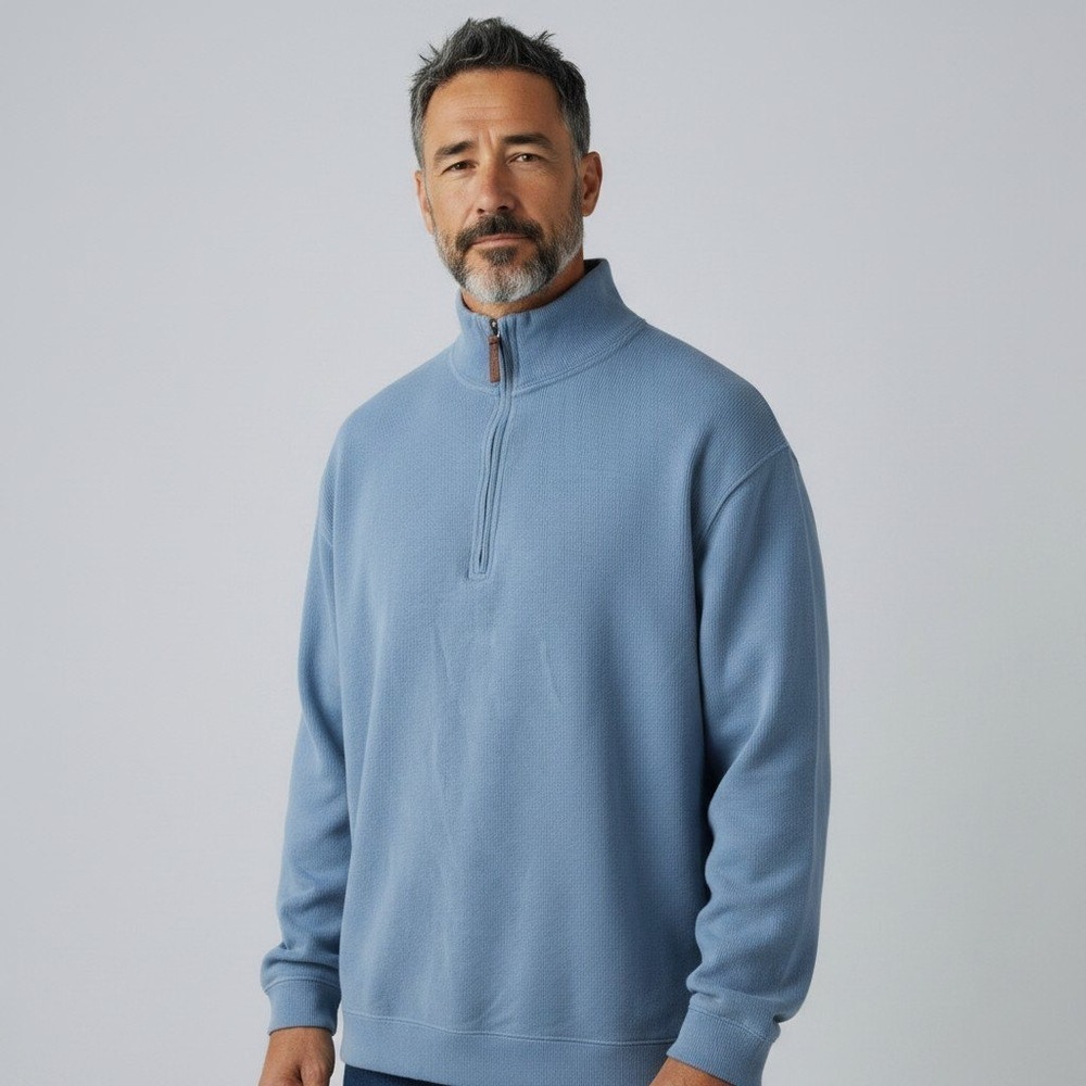 Lands End Mens 2XL Tall Blue Quarter Zip Mock Neck Pullover Sweater Pique Knit